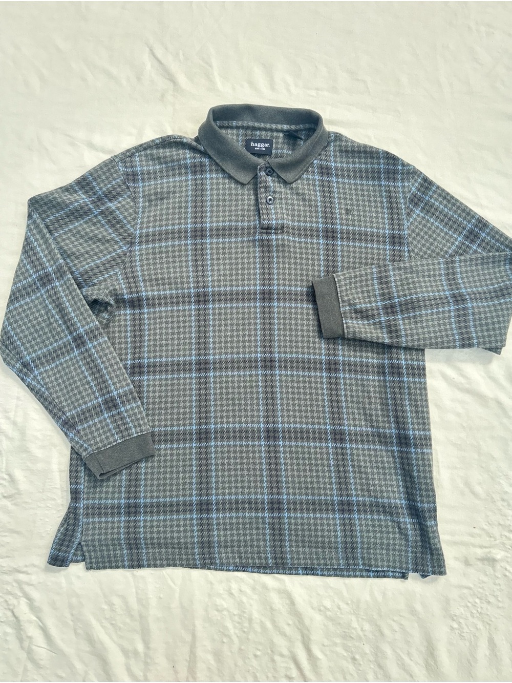 Haggar Gray Plaid Long-Sleeve Polo with Blue Windowpane